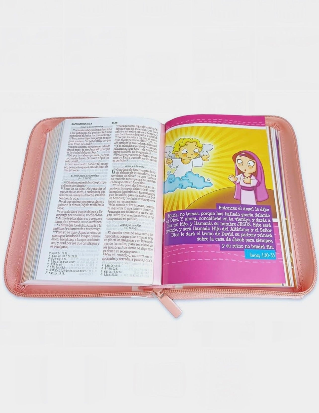 Biblia para Niñas Mi Gran Viaje tamaño compacta imit piel rosada con corazones