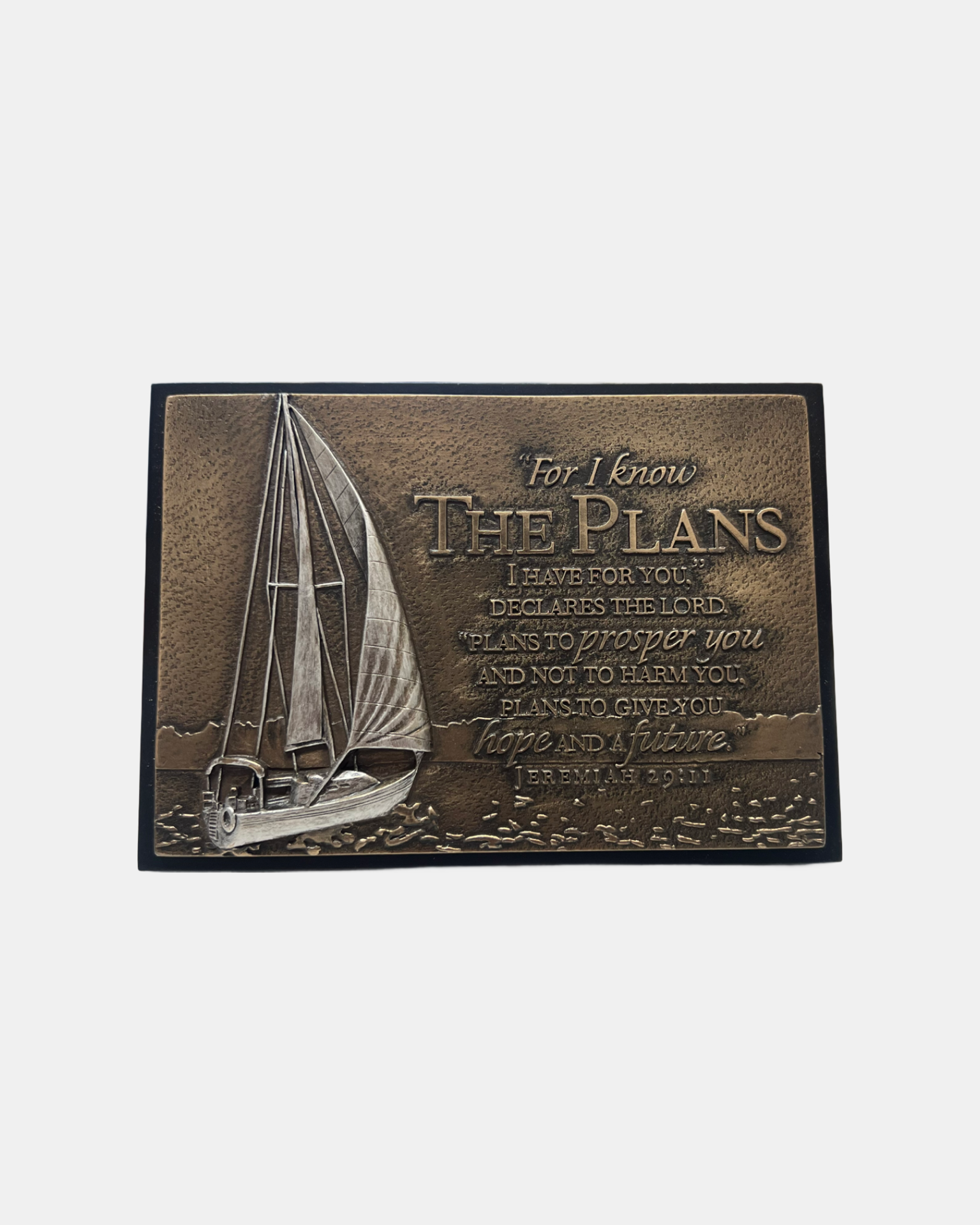 Faith sailboat sculpture plaque featuring Jeremiah 29:11 scripture